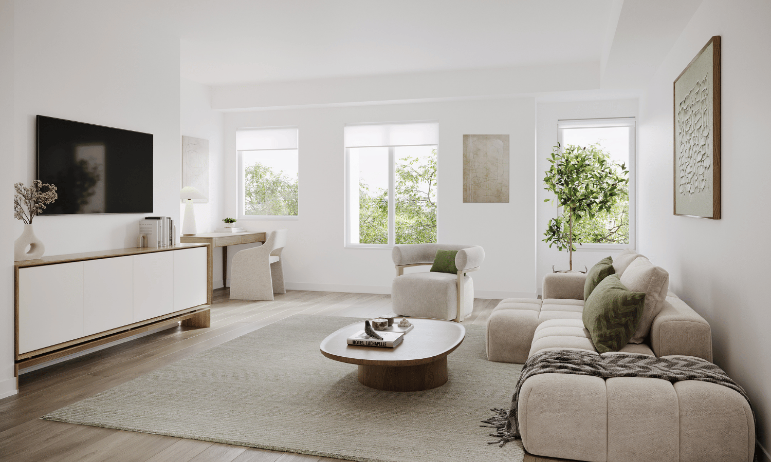 Rendering of a living room at The Towns at York Mills & Leslie.